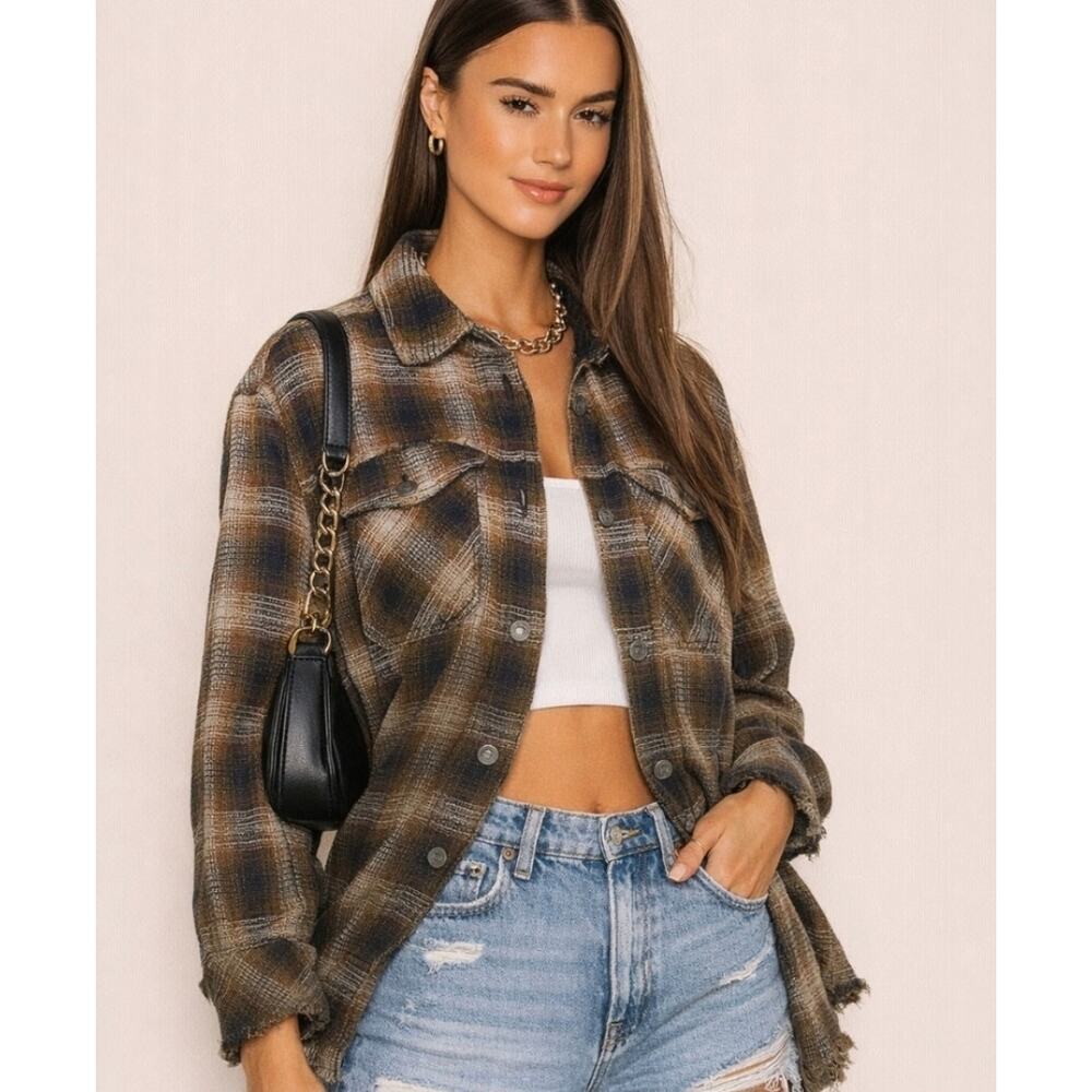 Free People Anneli Plaid Shirt Jacket, Medium